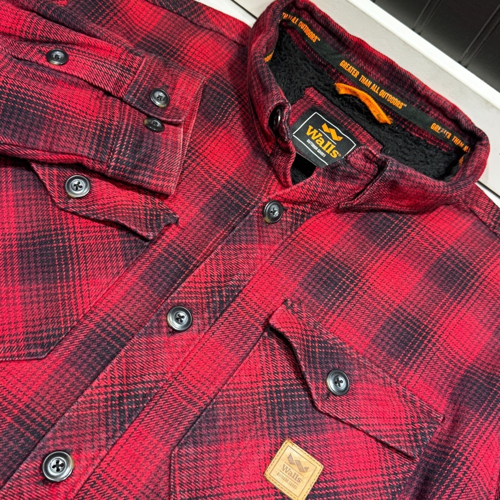 Walls Outdoor Goods Mens XXL Red Black Plaid Sherpa Lined Flannel Shirt Jacket